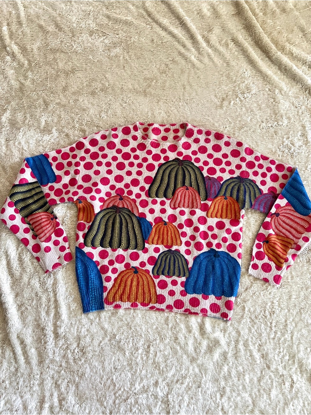 Woman's Pink Polka Dot Pumpkin Print Crewneck Sweater Size M